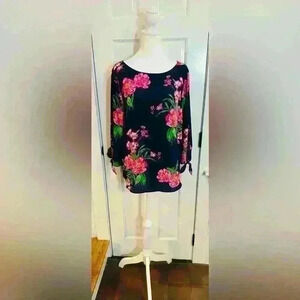 Talbots size L blouse, navy blue and floral, 3/4 sleeves with ties.